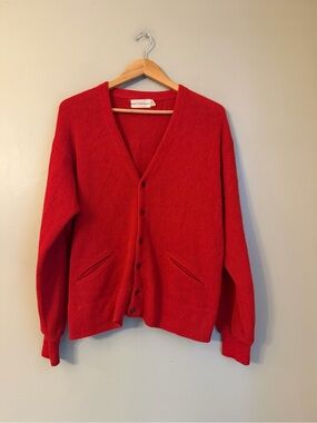 Vtg Maurice L Rothschild Cardigan Sweater Red 100% Alpaca V Neck Sweater L/XL